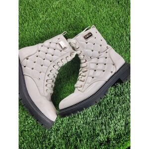 Bebe Boots Womens Size 8 White Quilted Combat Ankle Lace Up Studded Lug Sole